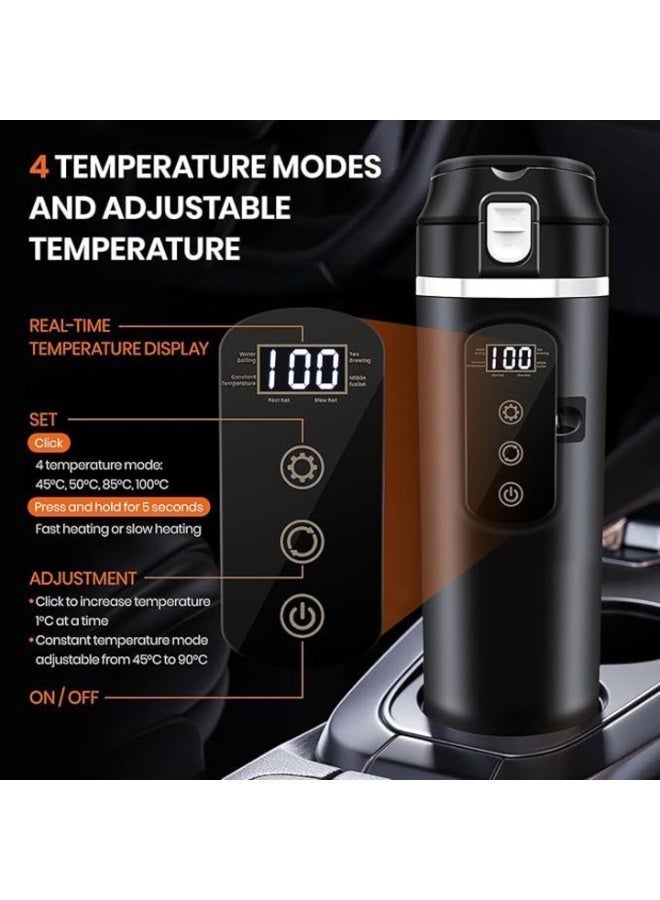 Car Portable Electric Kettle,12V/24V 500ml Fast Heating Water Cup,Stainless Steel Travel Cup,Leak-Proof Kettle with Temperature Control,Camping Heated Thermos Coffee Mug,Black - Image 5
